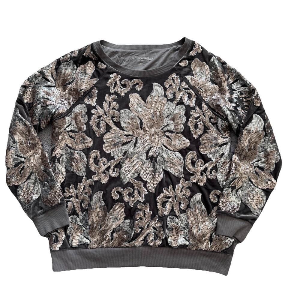 Soft Surroundings Gray Glistening Pullover Sequin Velvet Sweater S Boho Classic